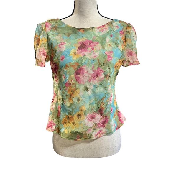 VTG K Petite Collections Floral Watercolor Flutter Sleeve Ruffle Edge Blouse 8/S - Picture 2 of 7